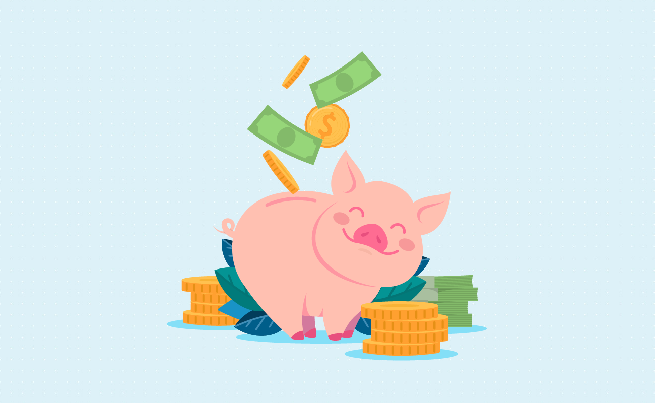 Happy piggybank with savings.